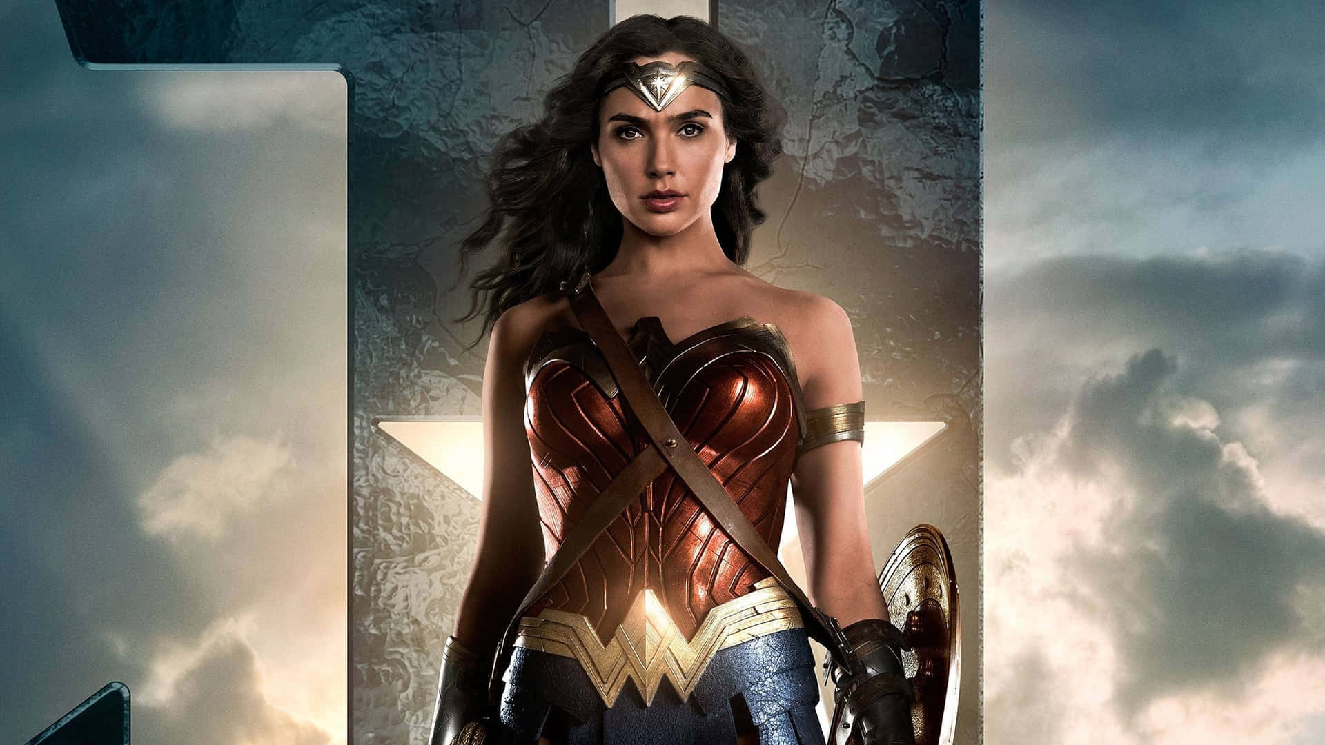 Powerful Wonder Woman against a fiery background