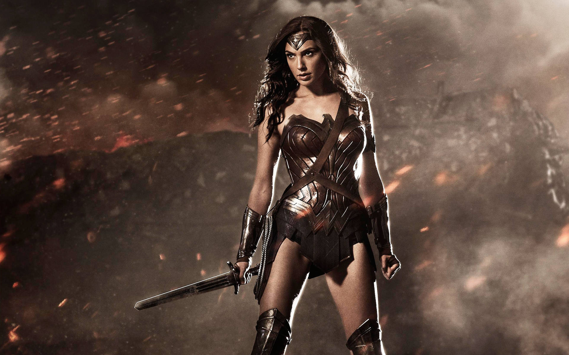 Wonder Woman stands tall in her battle against Batman and Superman. Wallpaper