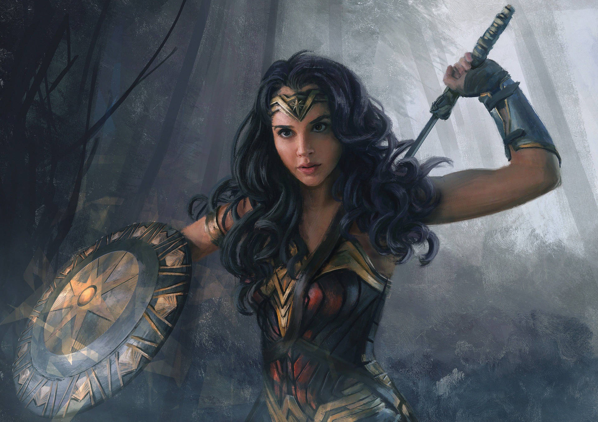 Wonder Woman Enjoys The Beauty Of Nature In A Dark Forest Wallpaper