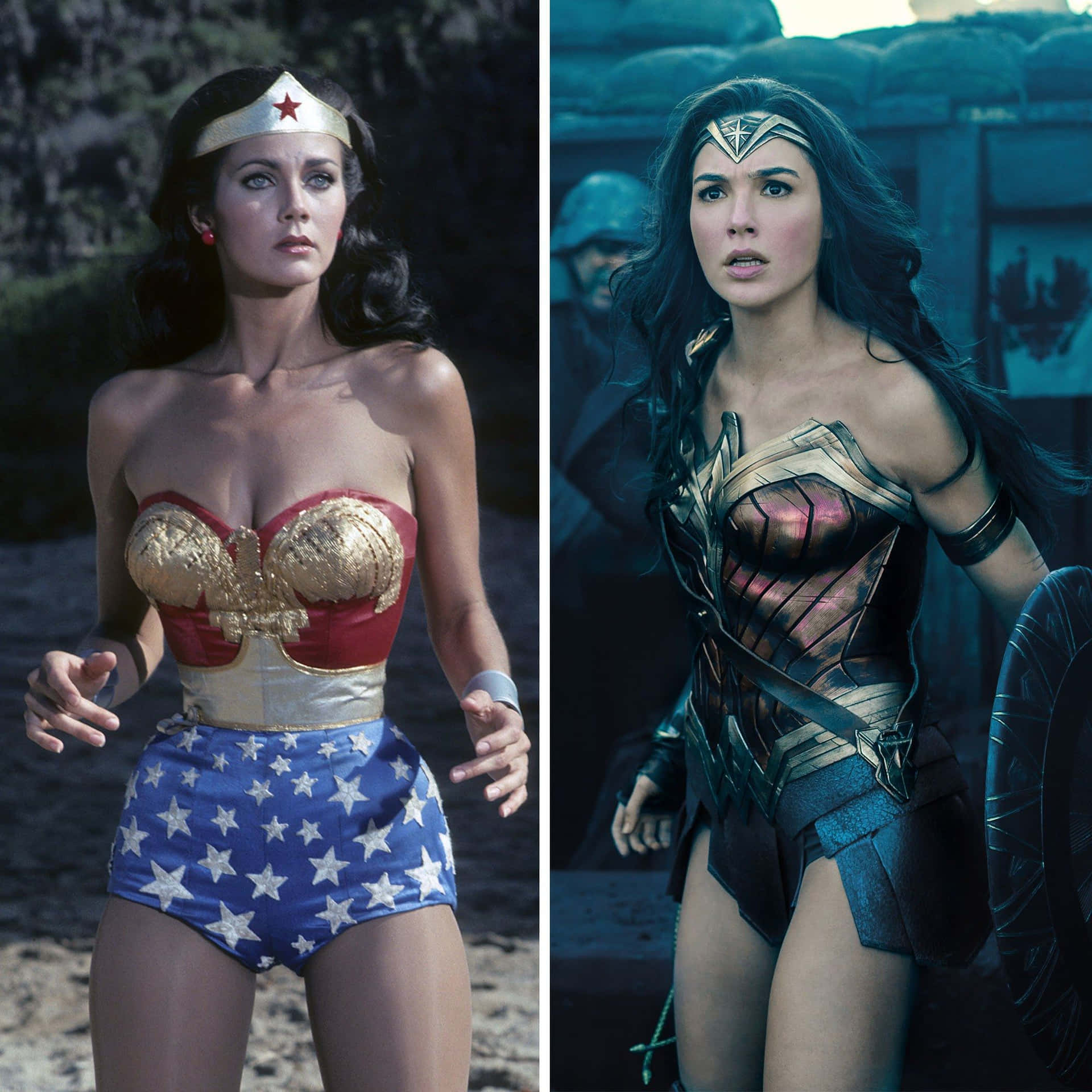 Two Pictures Of Women In Wonder Woman Costumes