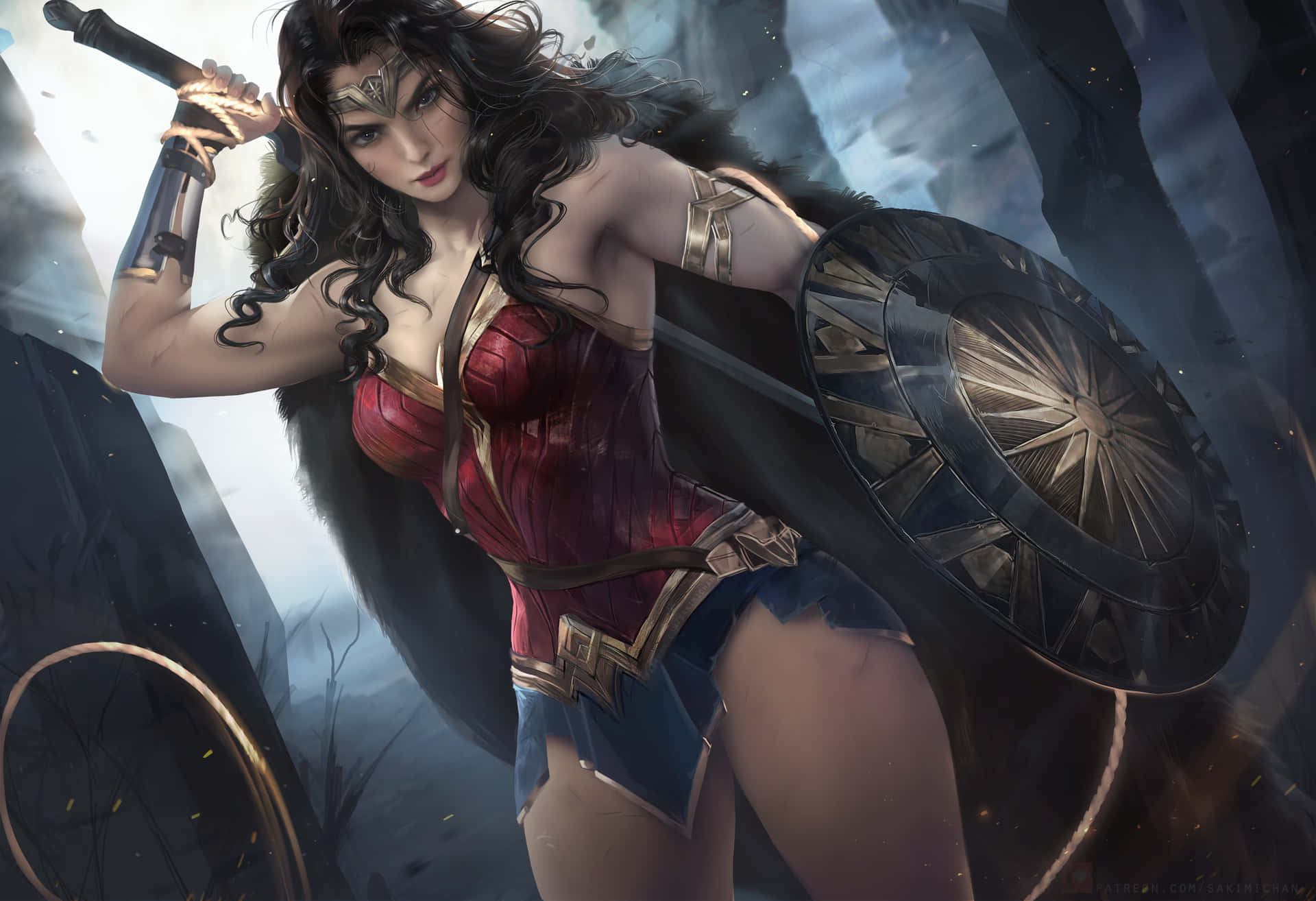 Wonder Woman viser lår til skrivebordsbaggrund. Wallpaper