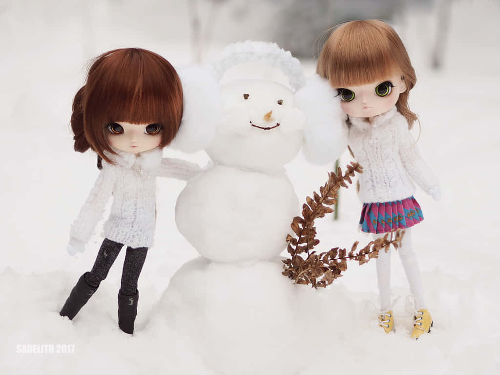 Wonderful Portrait Of Cute Sisters And Snowman Wallpaper