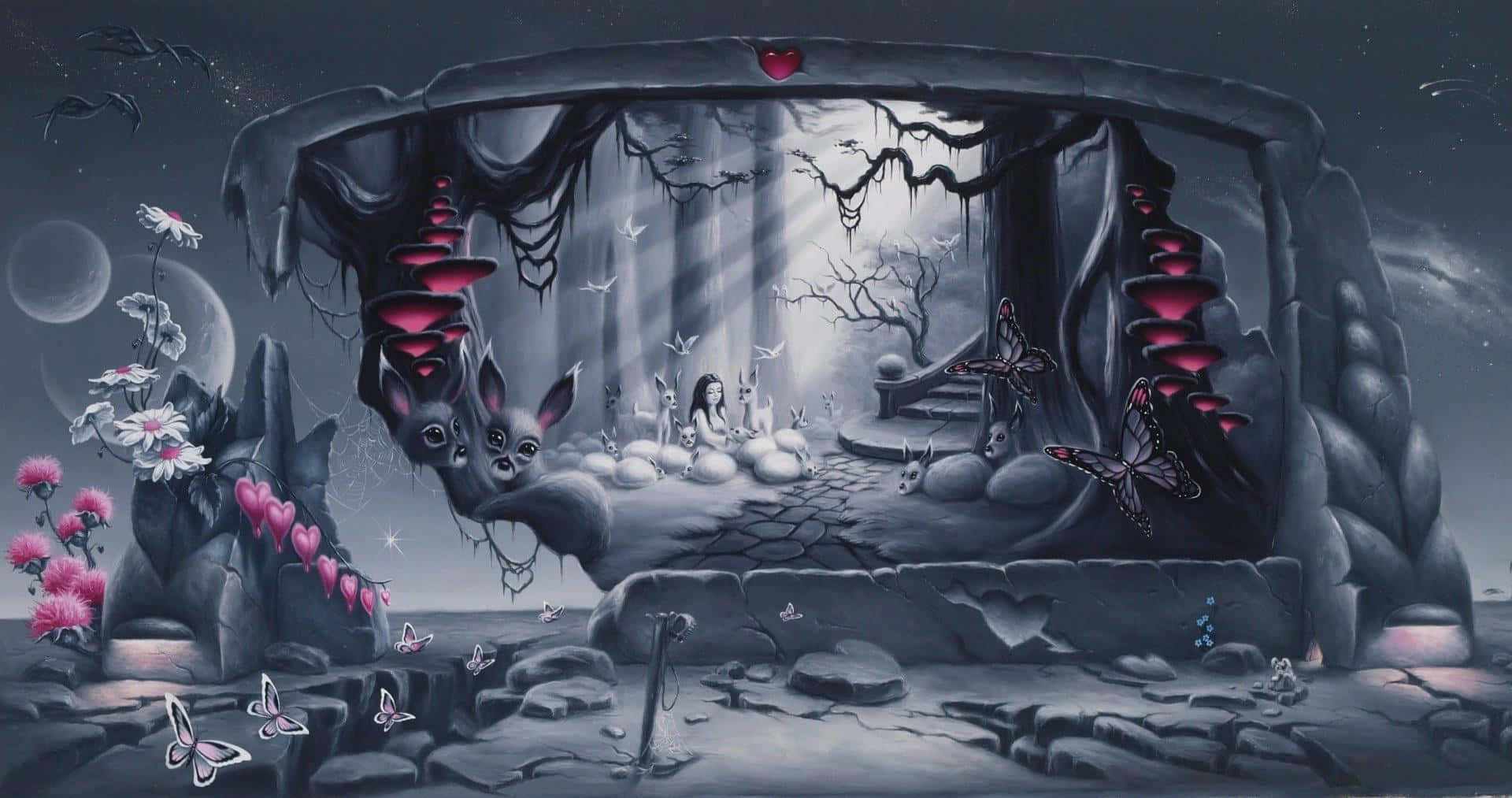 A Painting Of A Dark Room With A Lot Of Decorations