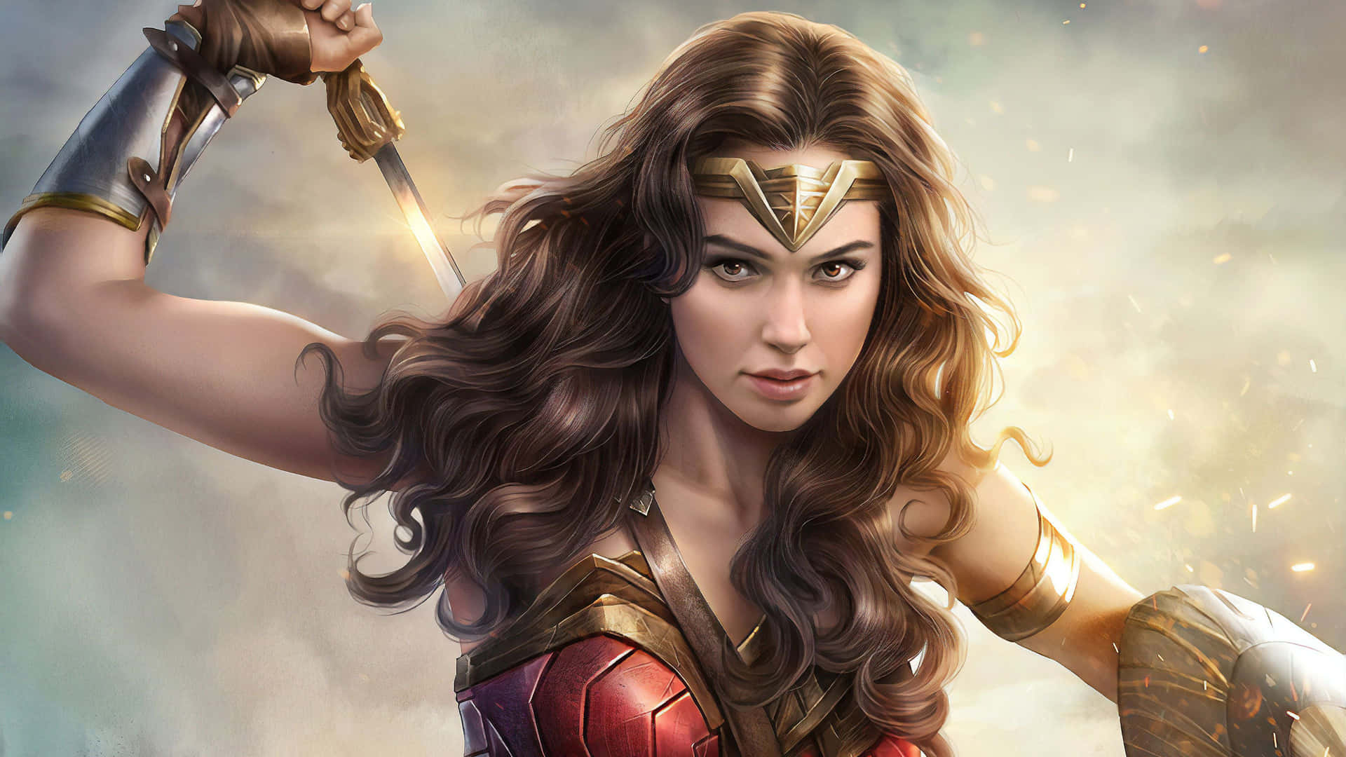Wonderwoman En Una Posesión Poderosa Para La Batalla En Un Fondo Impresionante.