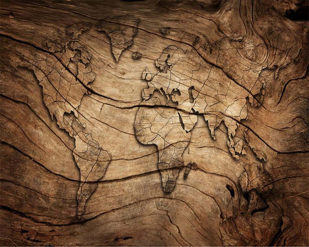 World Map On Wood Background