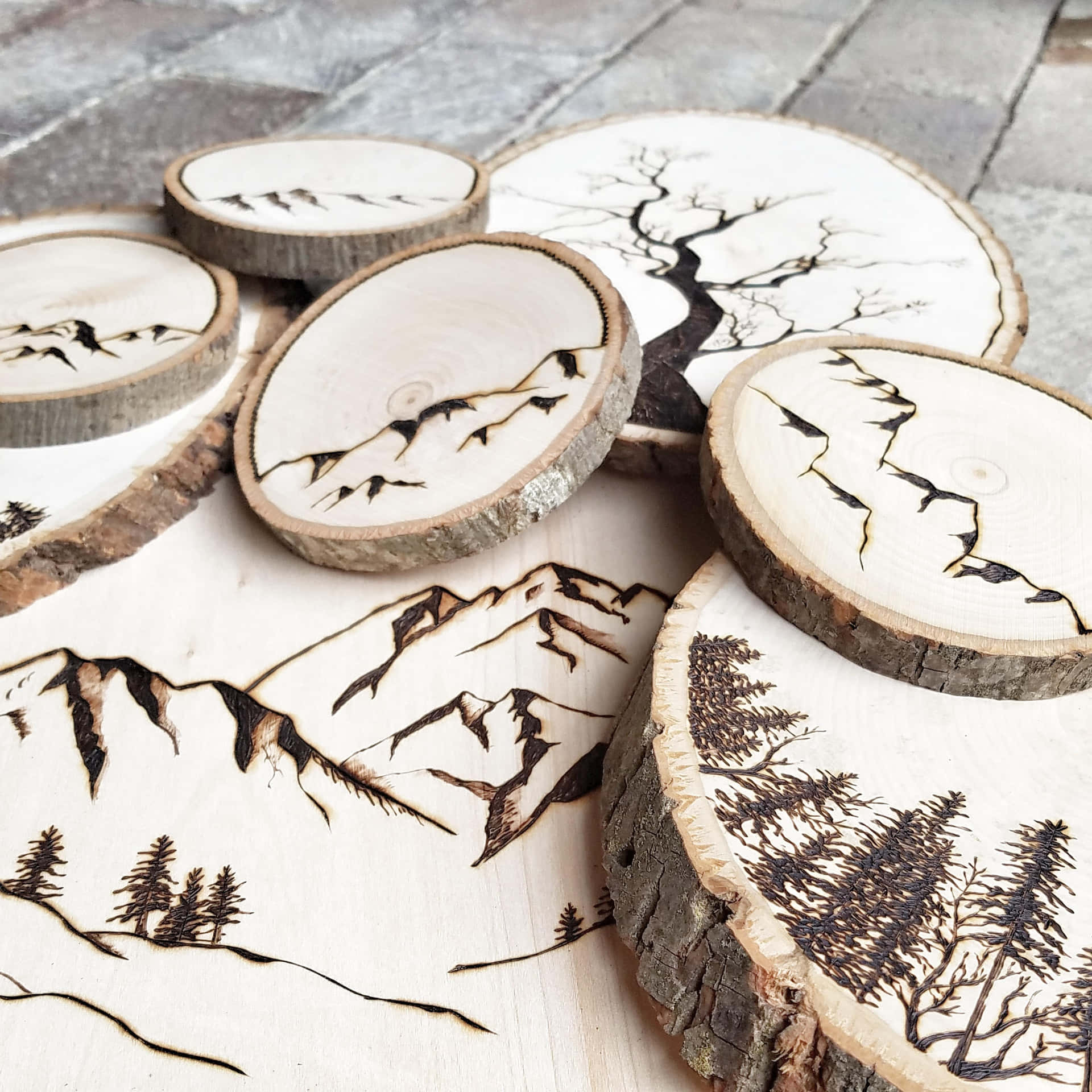 A Set Of Wood Slices With A Mountain And Forest Design