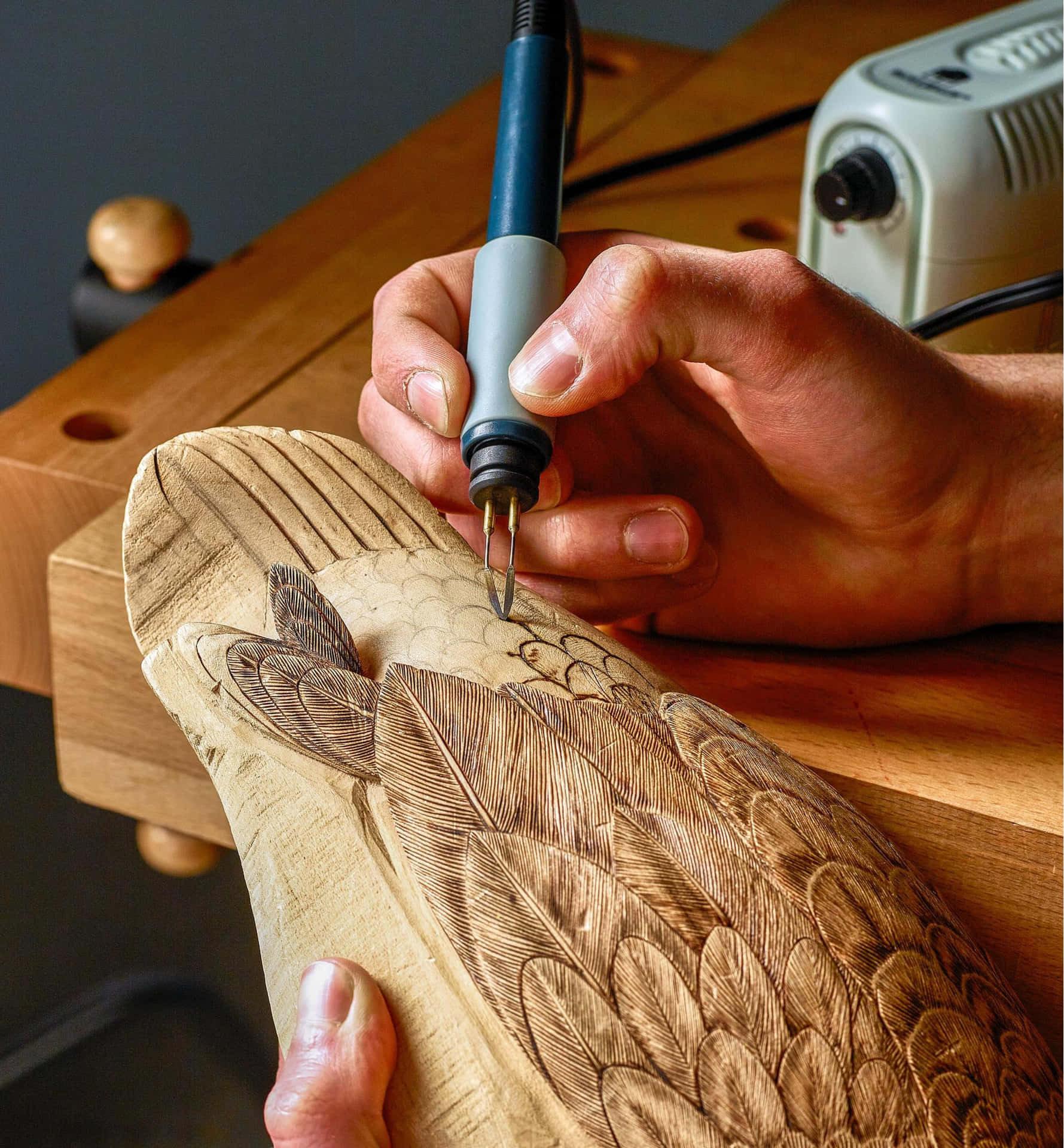 A Person Using A Hand Saw To Carve A Wooden Bird