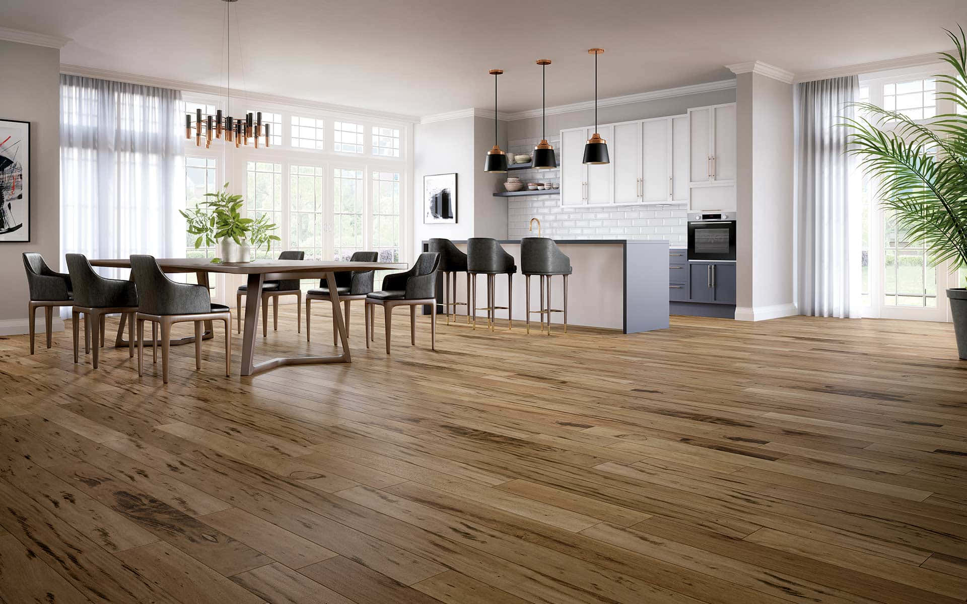 A Kitchen With Hardwood Floors And A Dining Table