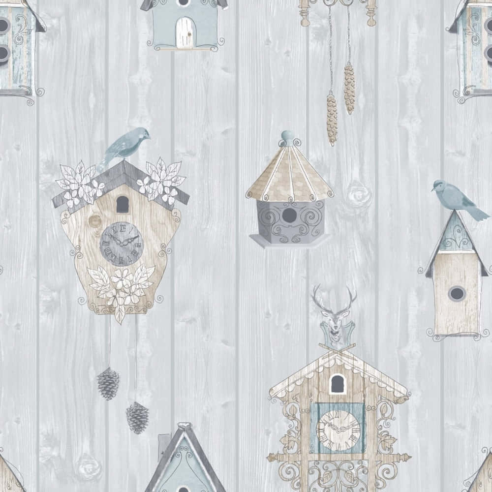 A Wallpaper With Birdhouses And Other Decorations Wallpaper