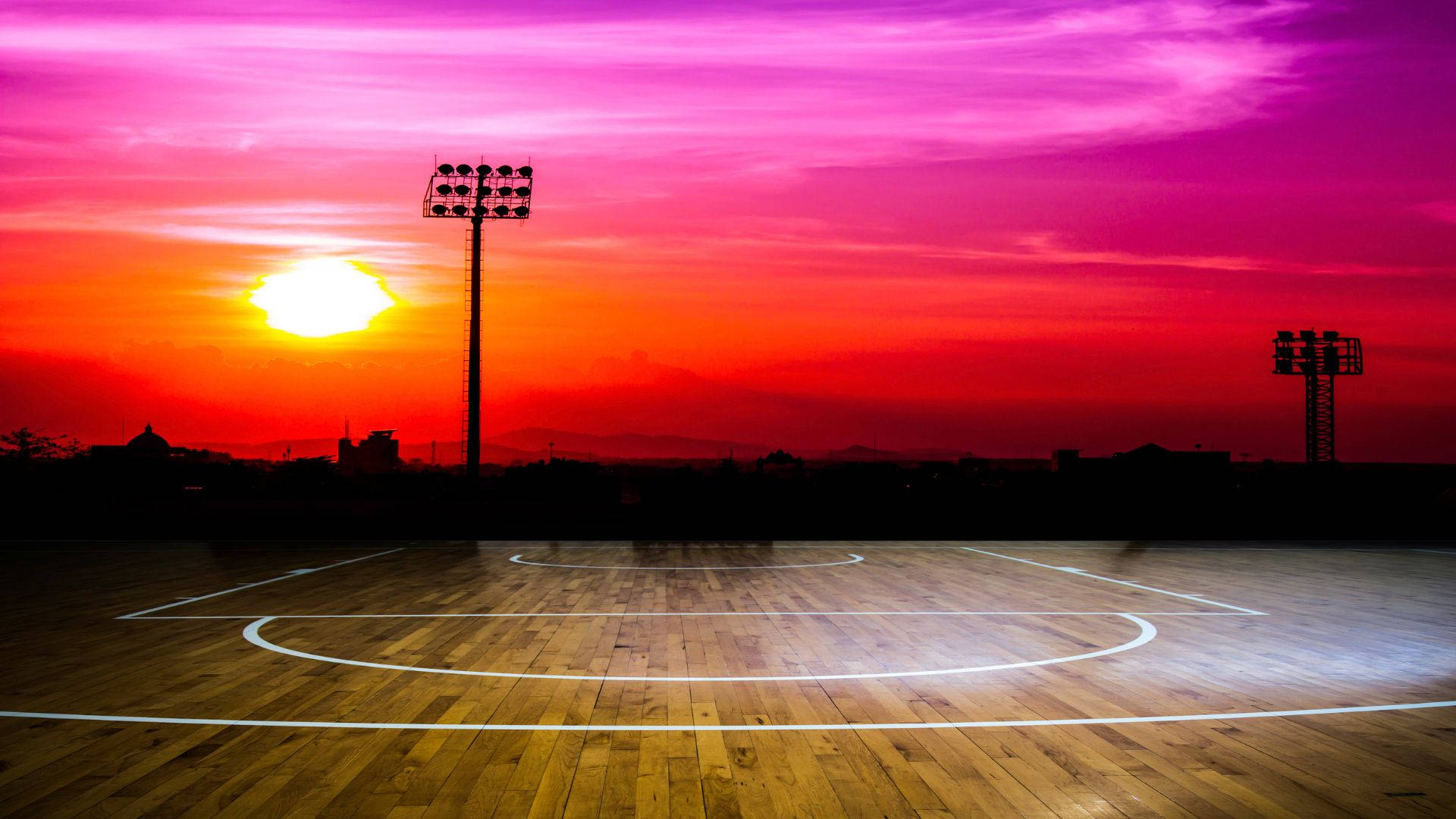 Wooden Basketball Court Sunset Wallpaper