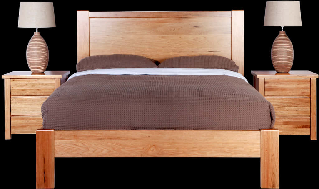 Wooden Bed With Nightstandsand Lamps PNG
