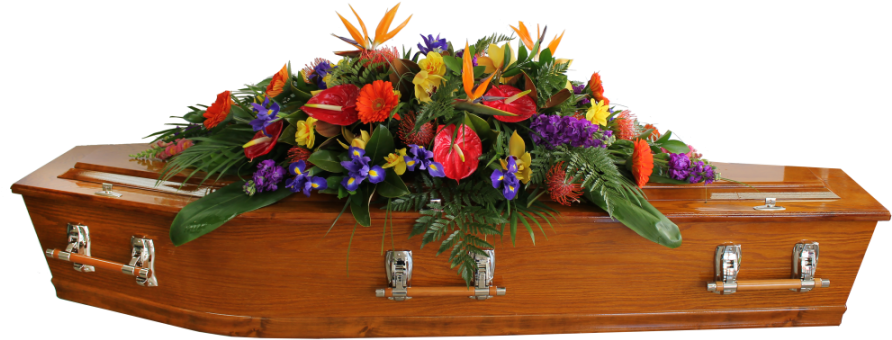 Wooden Casketwith Floral Tribute PNG