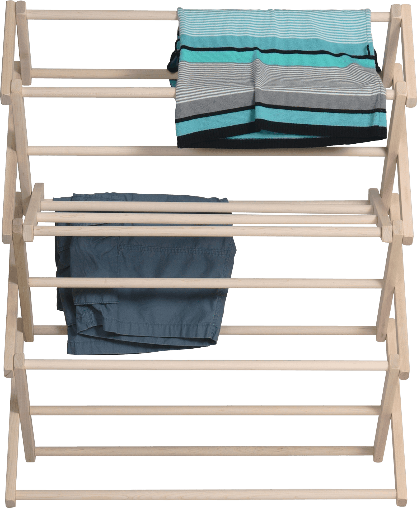 Wooden Clothes Drying Rack With Towels And Pants PNG