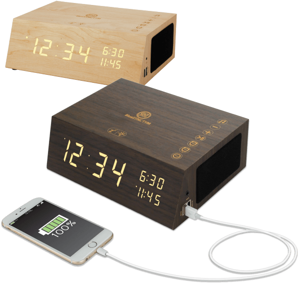 Wooden Digital Alarm Clockwith Phone Charging PNG