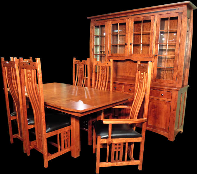 Wooden Dining Setwith Hutch PNG