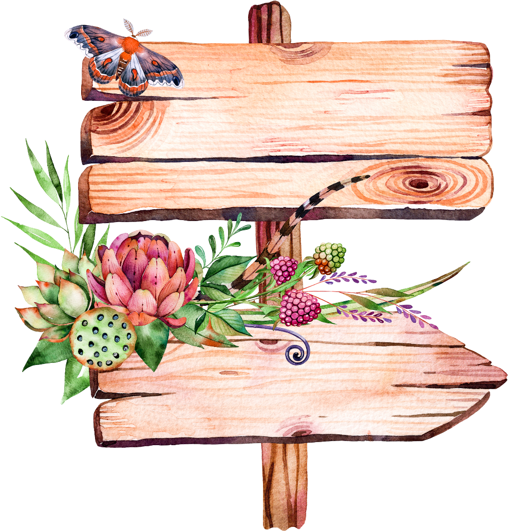 Wooden Direction Signwith Flowersand Butterfly PNG