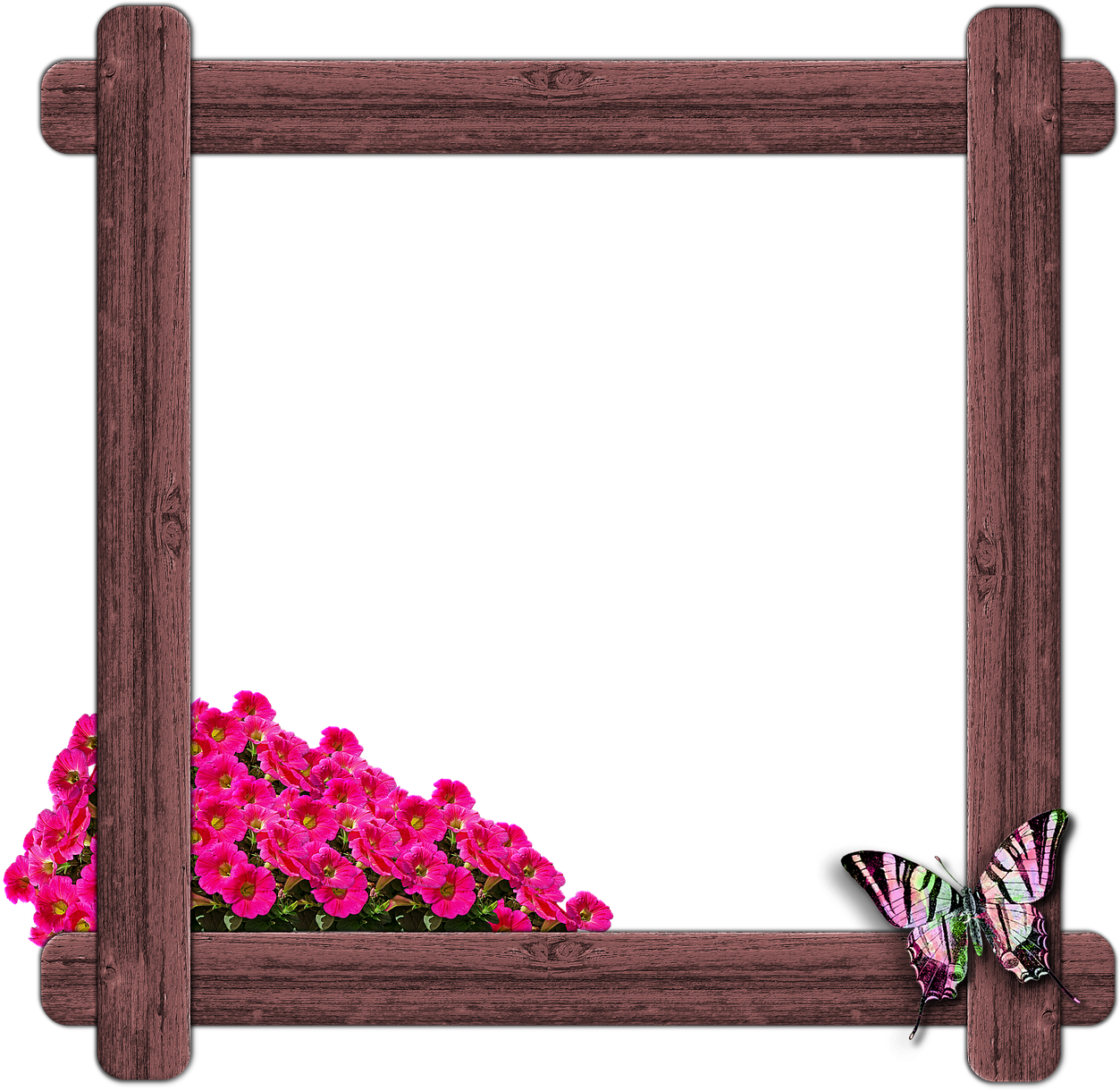 Wooden Framewith Butterflyand Flowers PNG