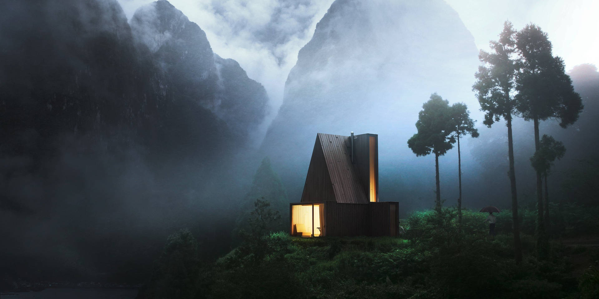 Casa Di Legno Sulle Montagne Nebbiose Sfondo