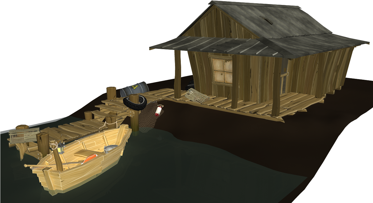 Wooden Hutwith Boat Dock3 D Model PNG