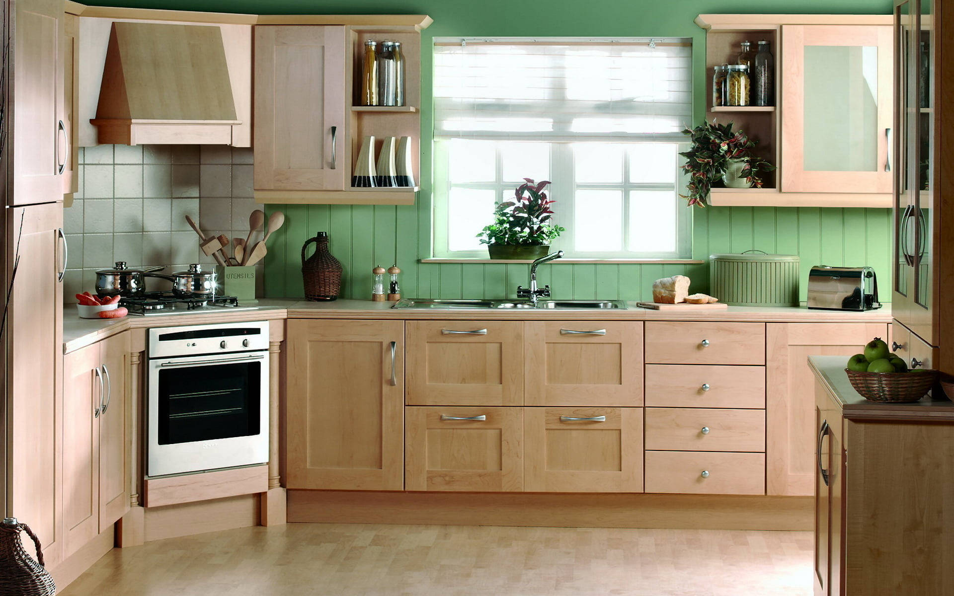 Stylish Wooden Kitchen Design Complemented by Green Walls Wallpaper