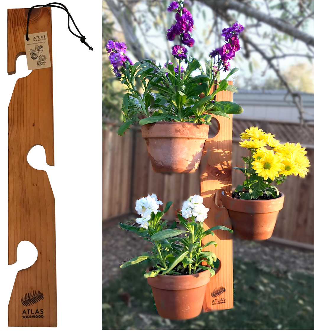 Wooden Plant Pot Hanger With Flowers PNG