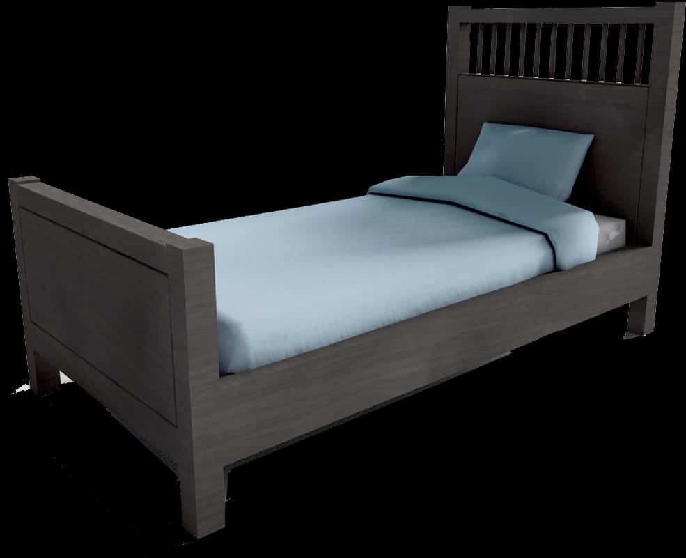 Wooden Single Bed With Blue Bedding PNG