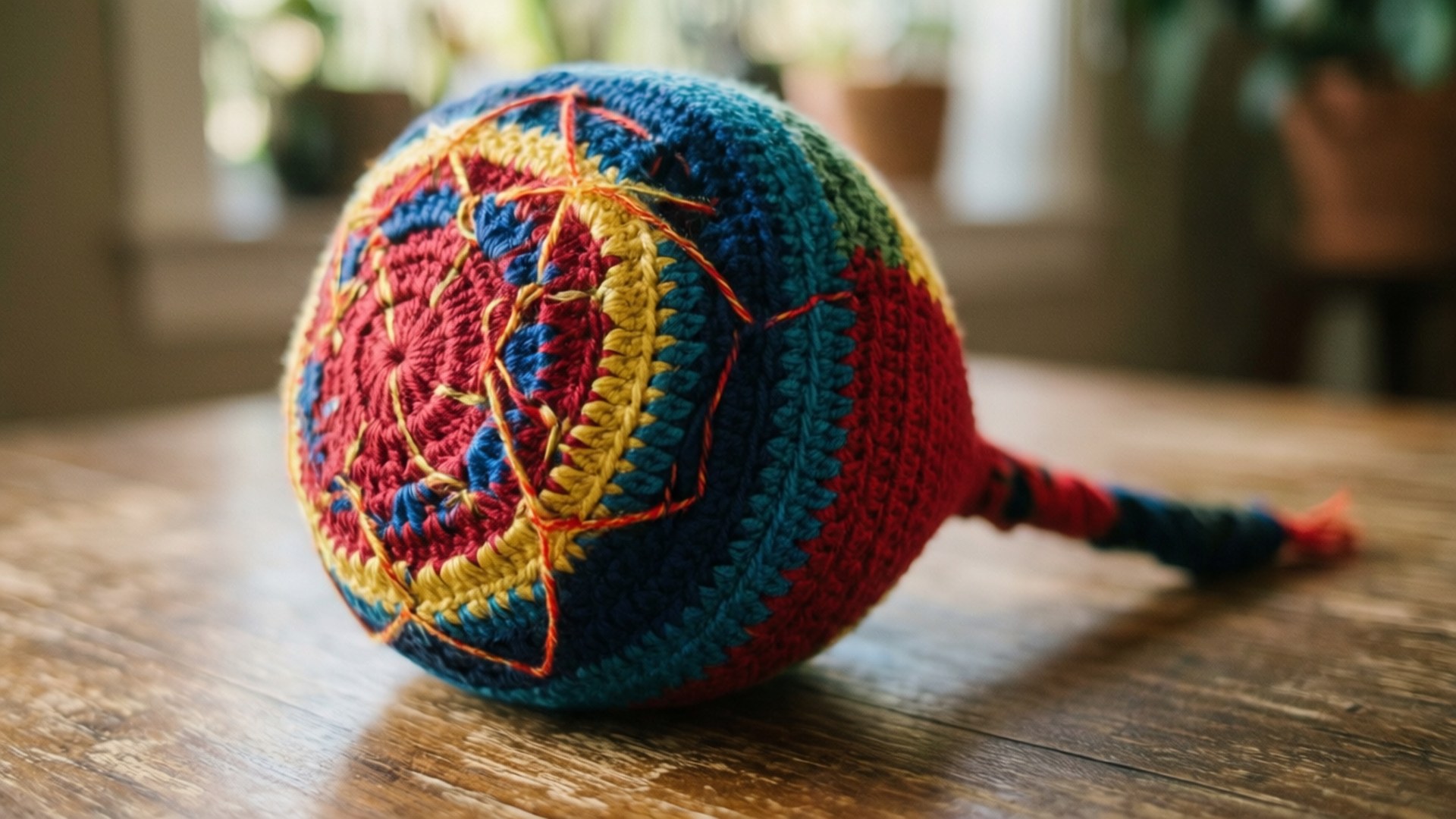 A vibrant crochet hacky sack resting on a wooden table with warm natural light.