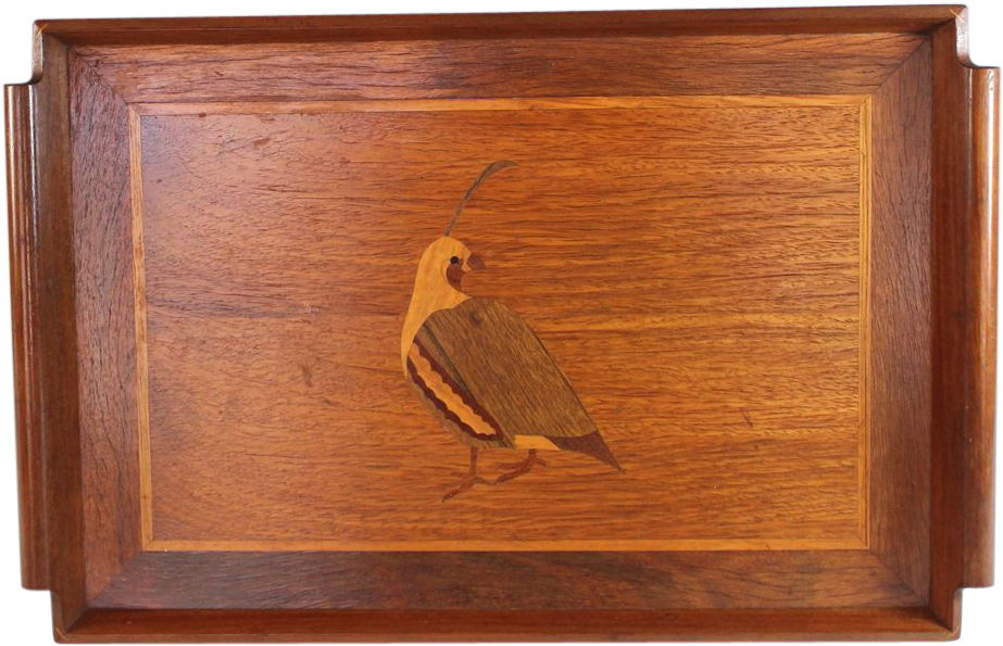 Wooden Traywith Inlaid Quail Design PNG