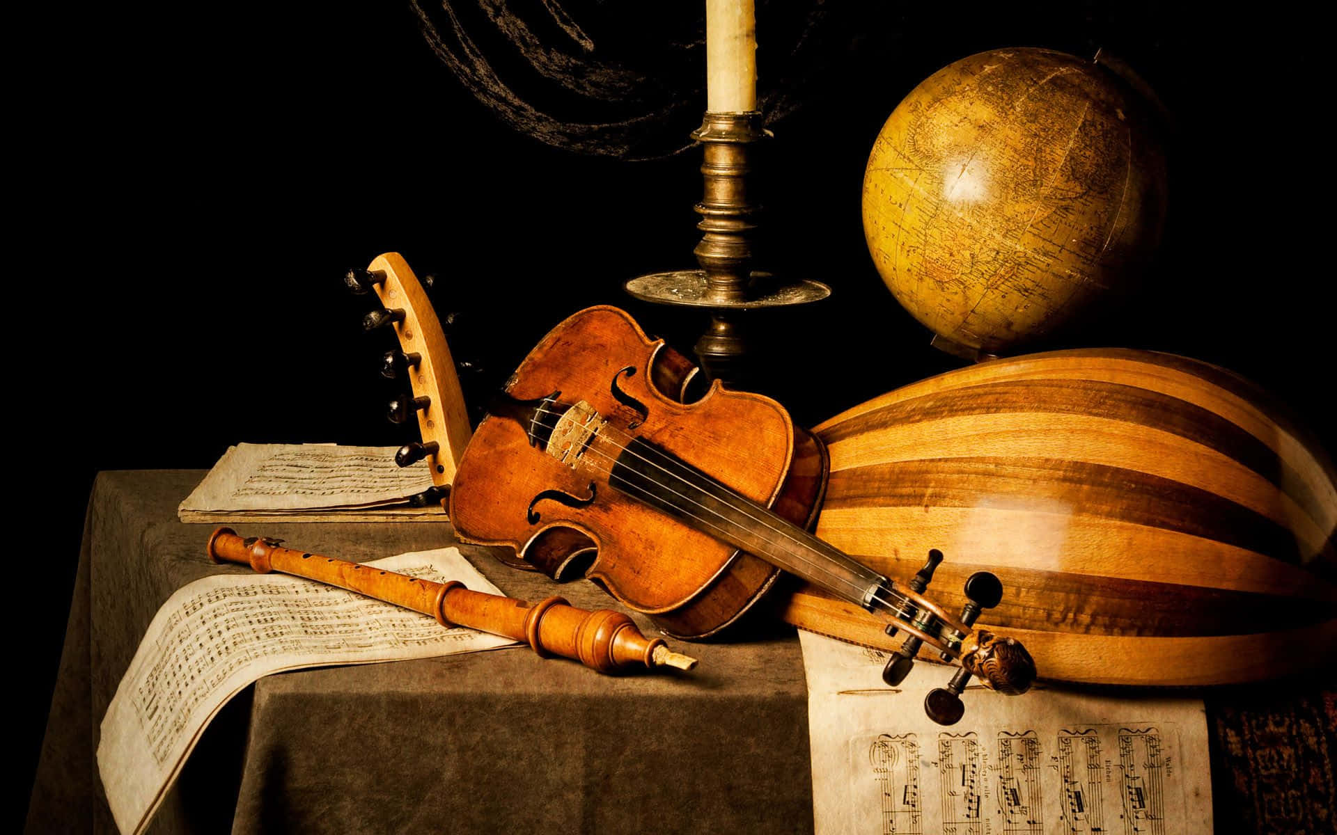 Træ Violin Globe Musik Instrument Tapet Wallpaper