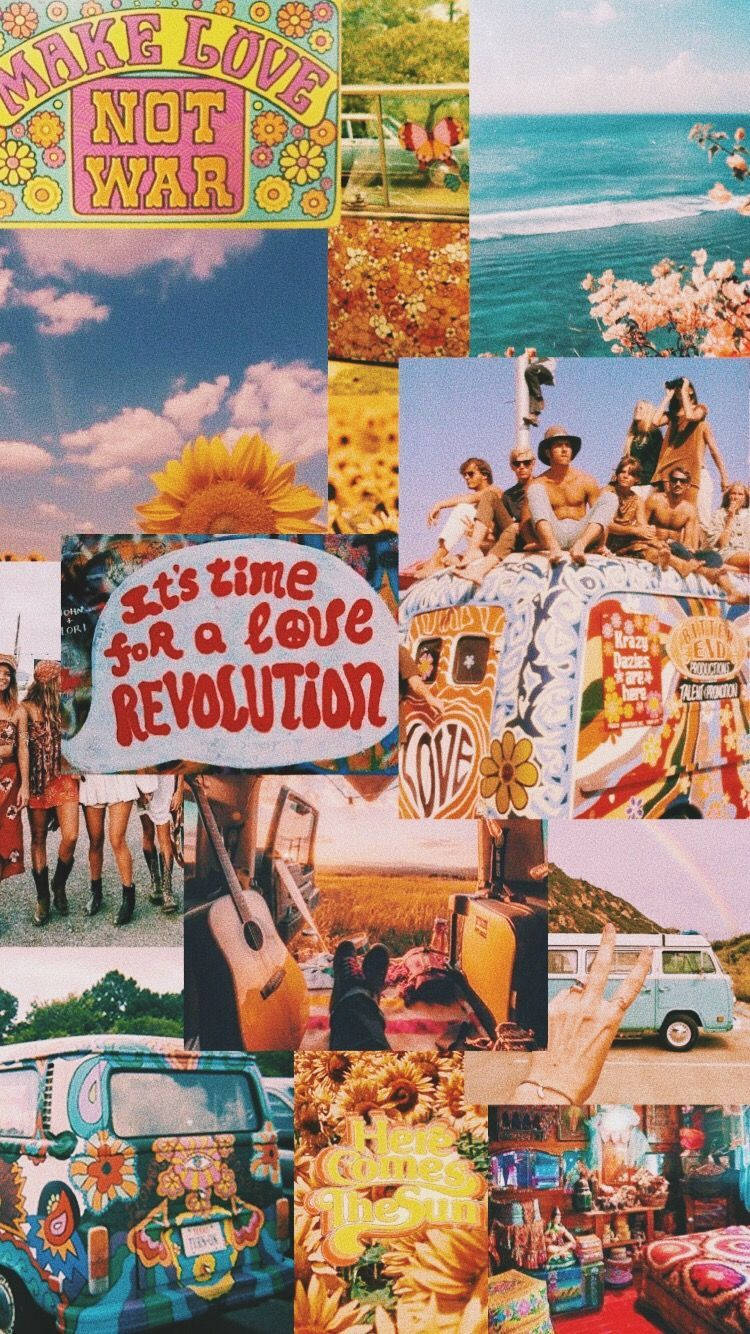Colagemde Estilo Hippie De Woodstock Para Fundo De Tela De Computador Ou Celular. Papel de Parede