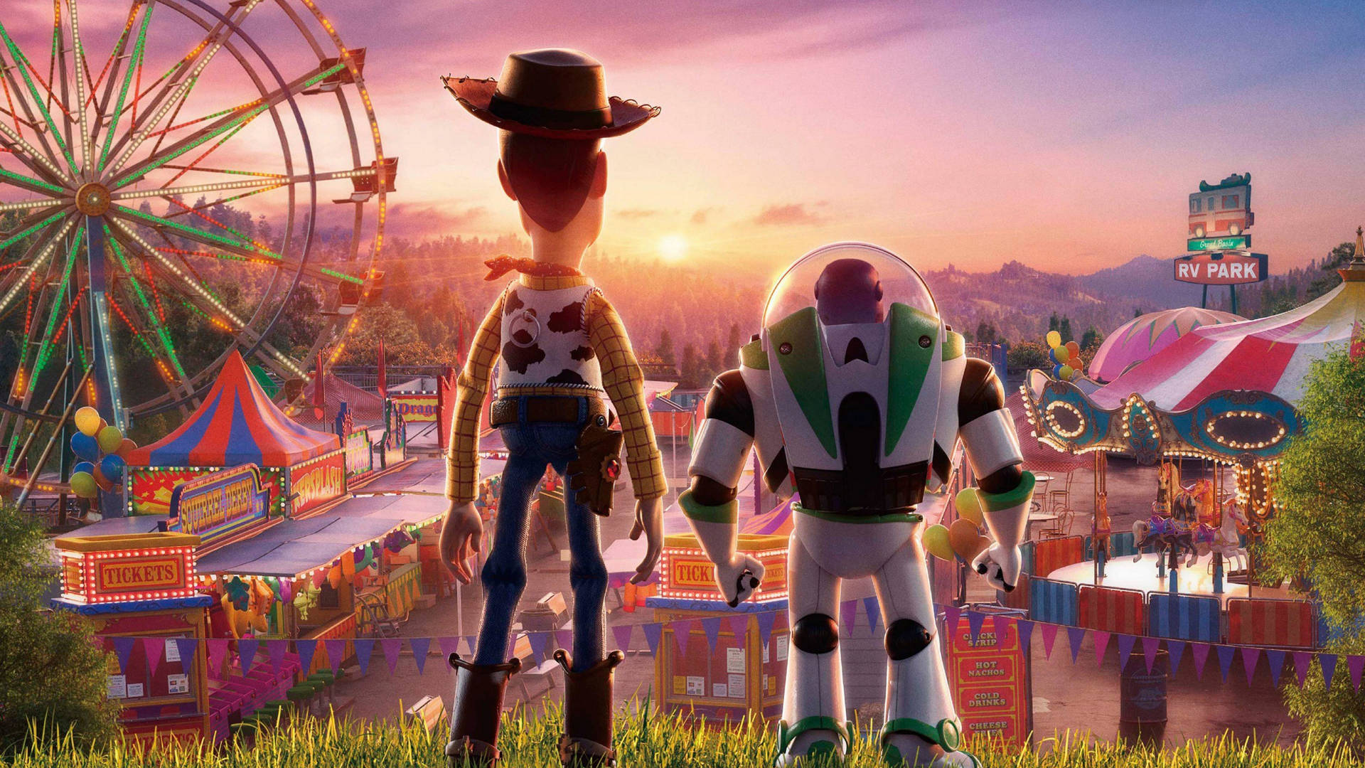 Woody And Lightyear Facing Sunset Wallpaper
