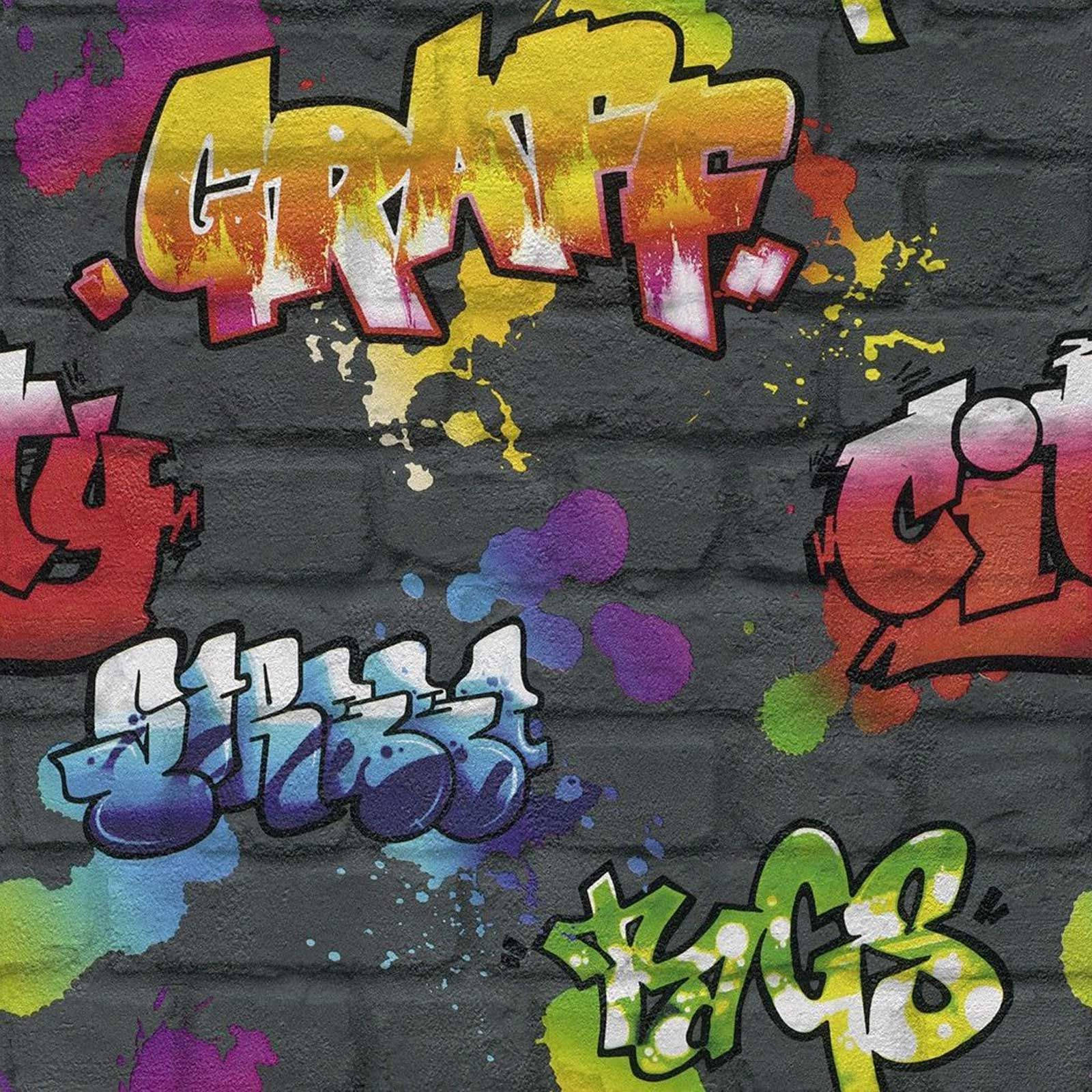 Wallpaper of different words graffiti painting on wall.