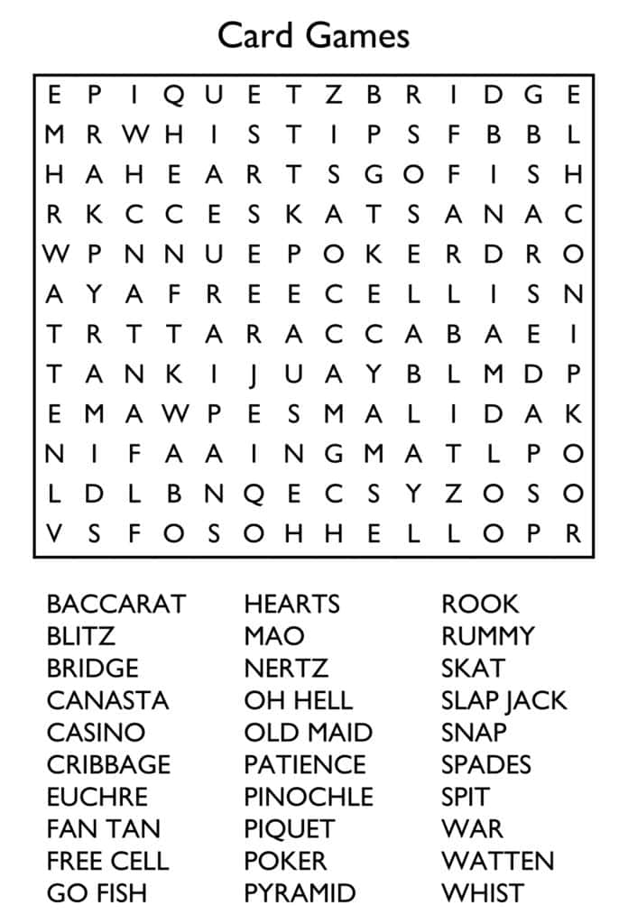 Card Games Word Search Printable