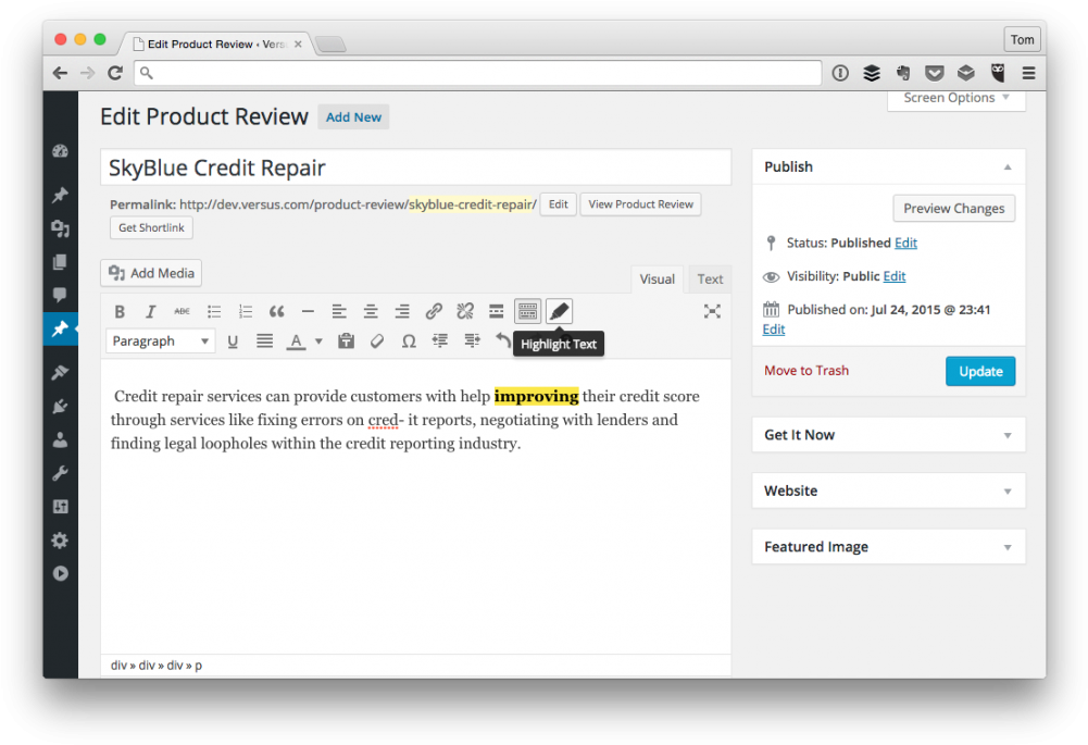 Word Press Credit Repair Product Review Editor Screenshot PNG