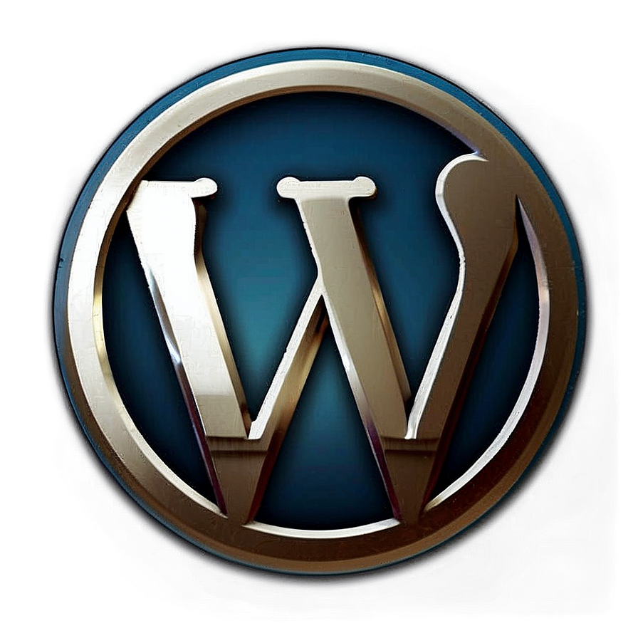wordpress d PNG — A metallic WordPress logo with a stylized W inside a circular frame against a dark blue gradient background.