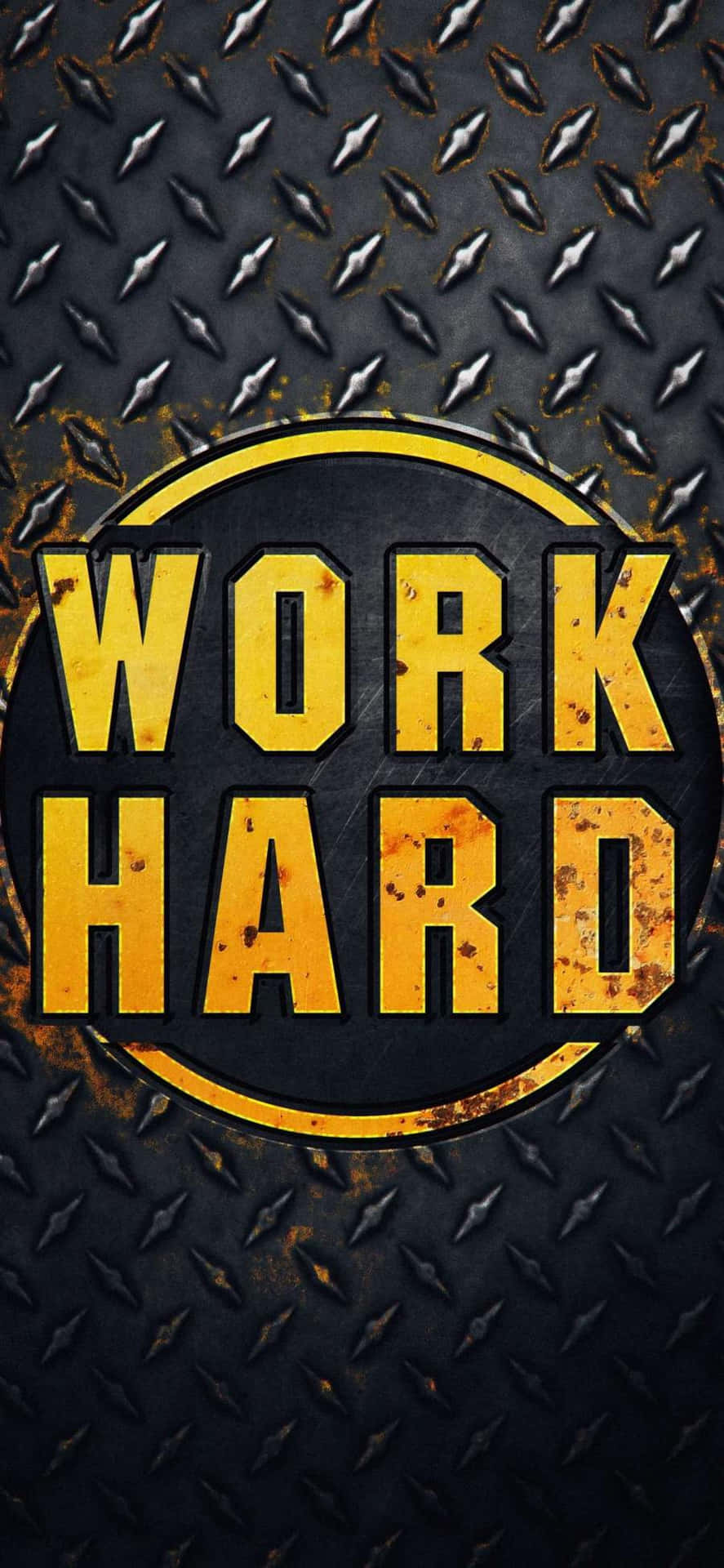 Work Hard - A Yellow Logo On A Metal Background Wallpaper