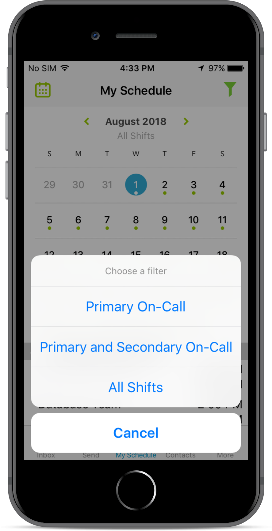 Work Schedule App Interface PNG — A smartphone screen displays a calendar app with a filter menu for on-call shifts in August 2018.