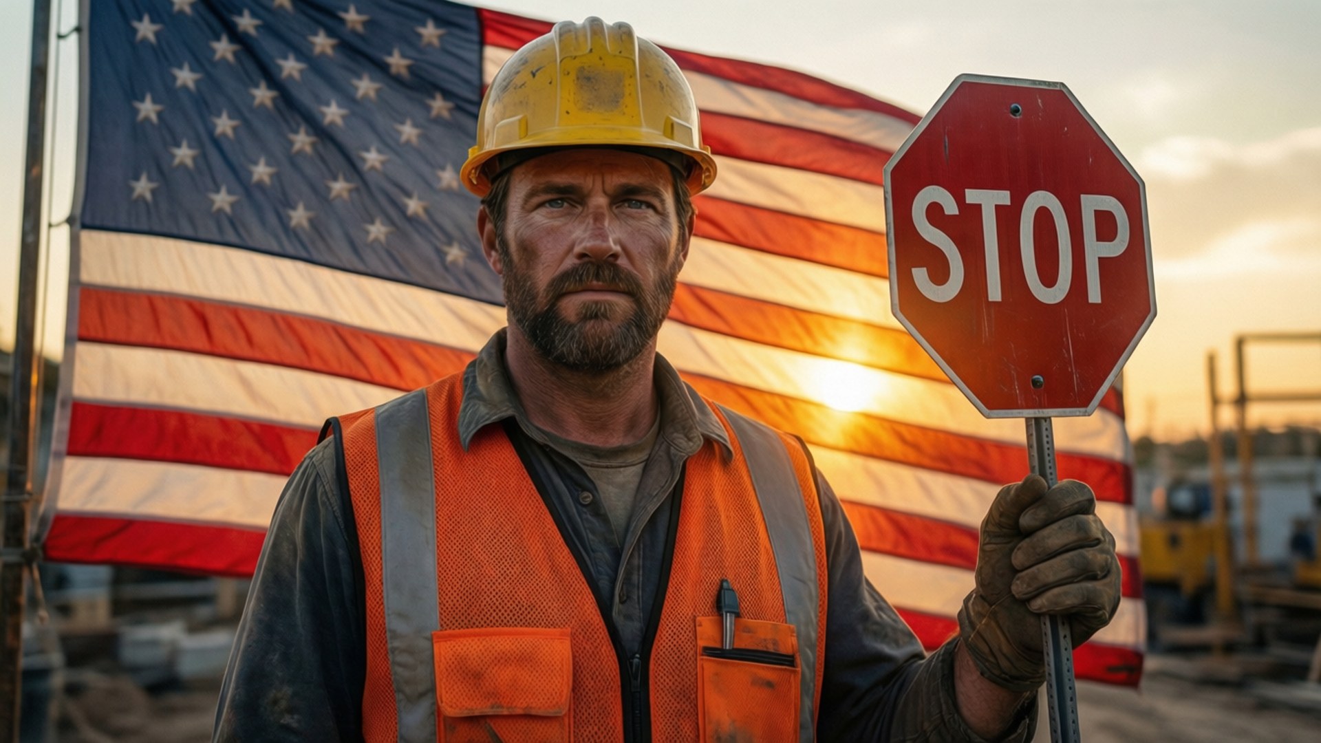 A construction worker with American flag at sunset for Labor Day.