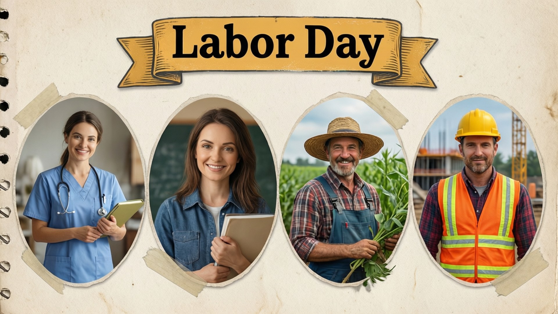 Kollaasi erilaisista työntekijöistä Labor Day -bannerilla