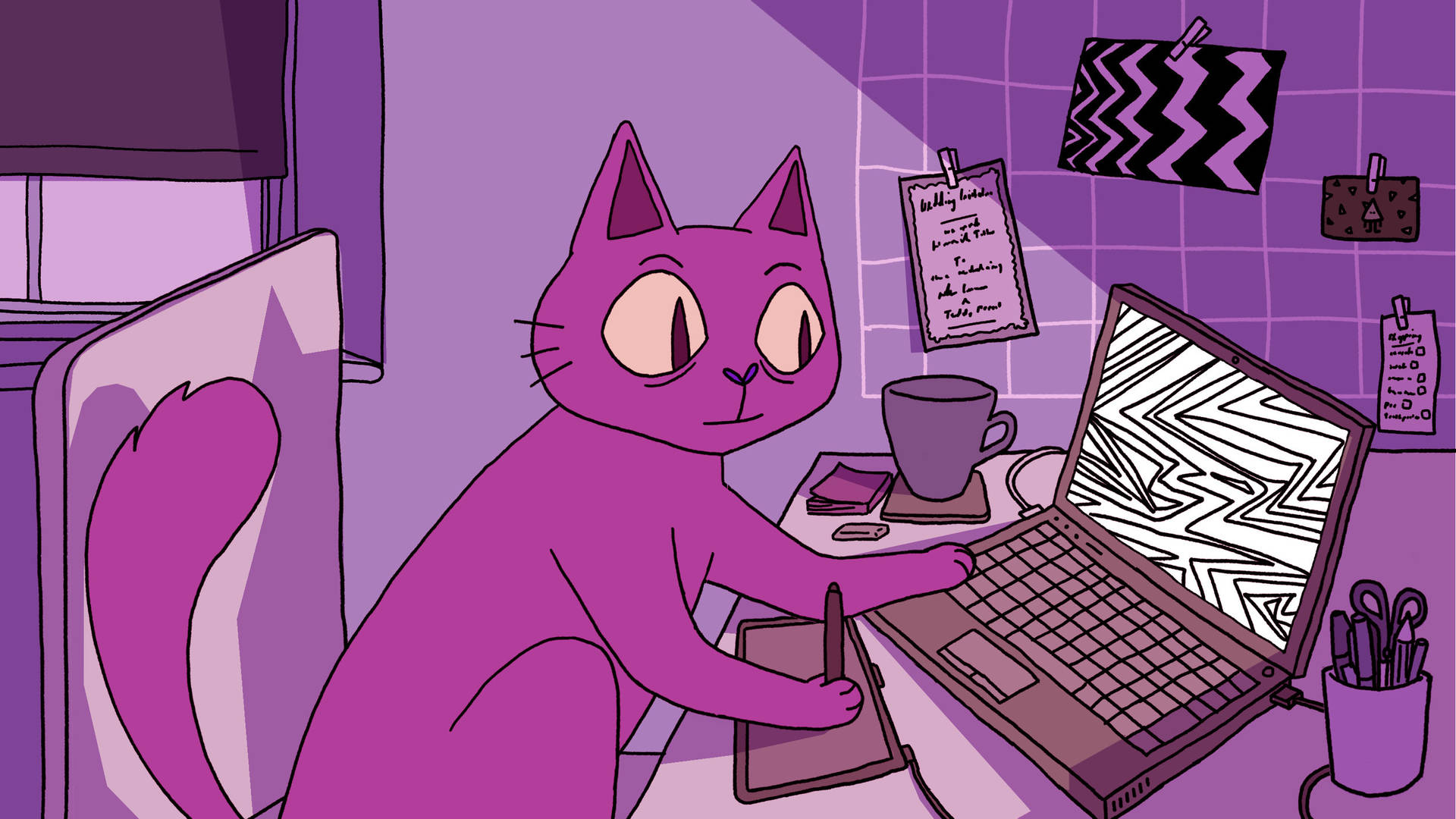 Trabajandoen La Computadora Del Gato Morado. Fondo de pantalla