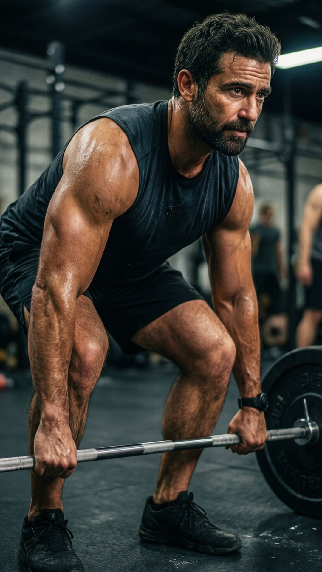 Oscar Isaac intensely working out in a gym.