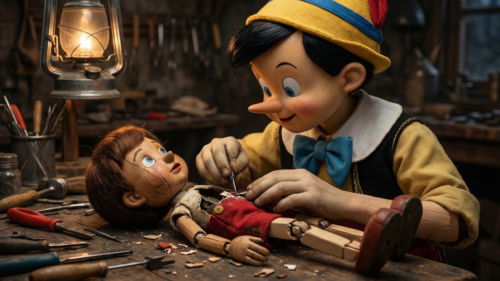 Pinocchio repareert een pop in een warme werkplaats.