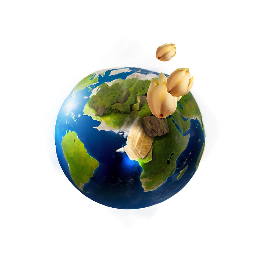 A glowing Earth globe with golden tulips blooming from its surface.