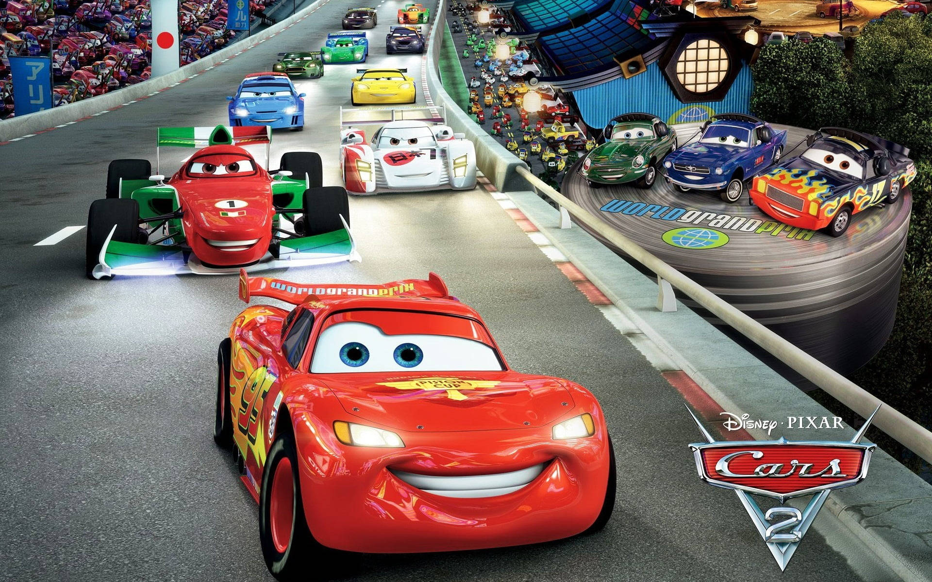 Exciting Line-up of Racers at the World Grand Prix in Cars 2 Wallpaper