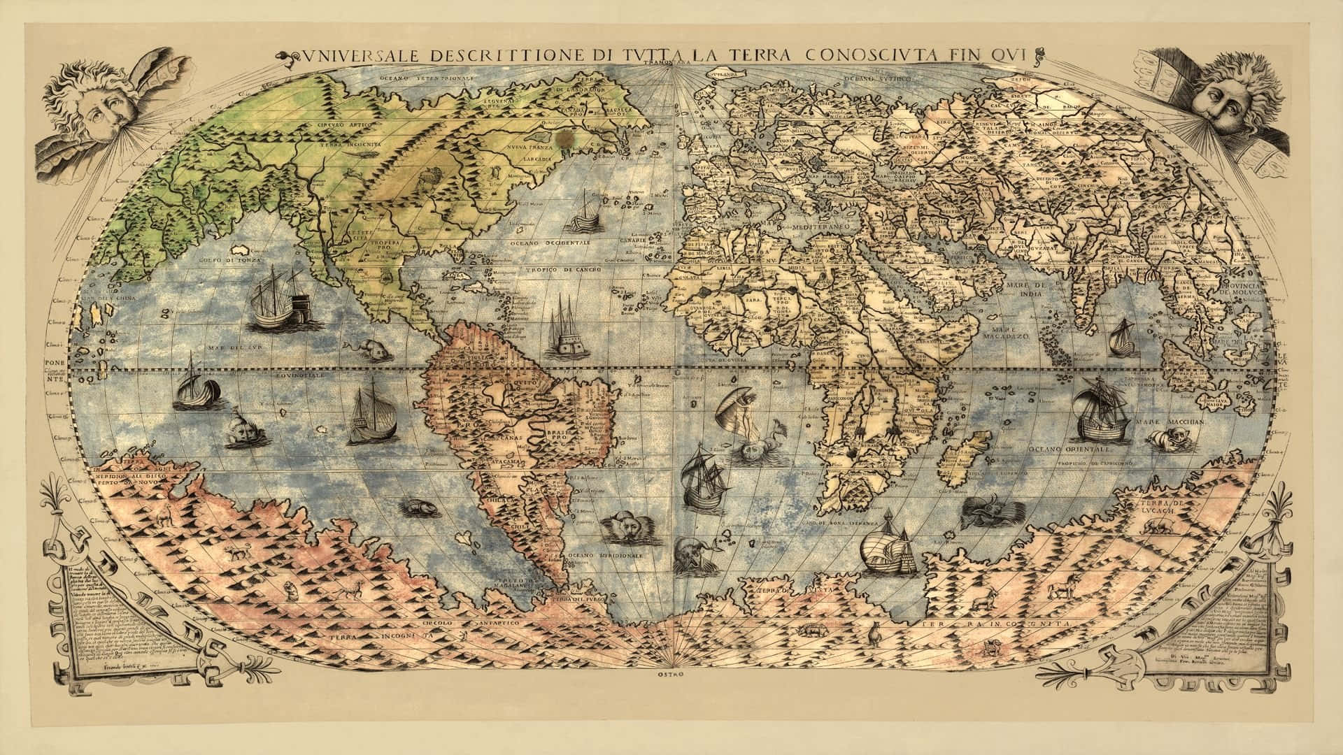 Et gammelt kort over verden med skibe og skibe i oceanet. Wallpaper