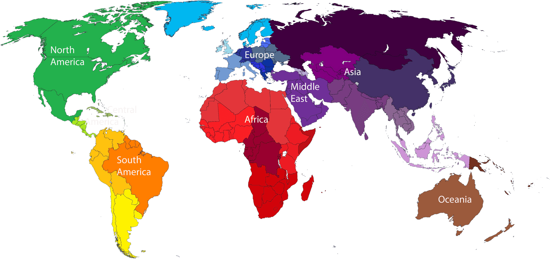 World Map Continents Color Coded PNG