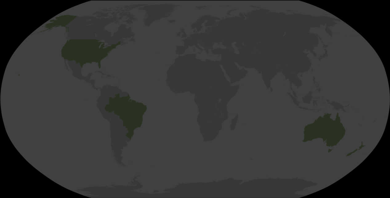 World Map Dark Background PNG — A dark gray world map with continents highlighted in darker green against a black background.