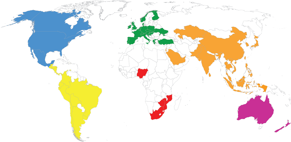 World Map Differentiated Regions Color Coded PNG