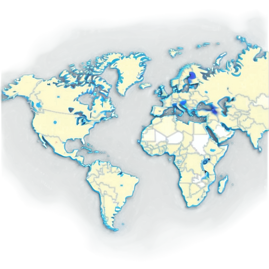 world map vector a PNG — A glowing world map with continents in pale yellow and blue outlines against a dark smoky background.
