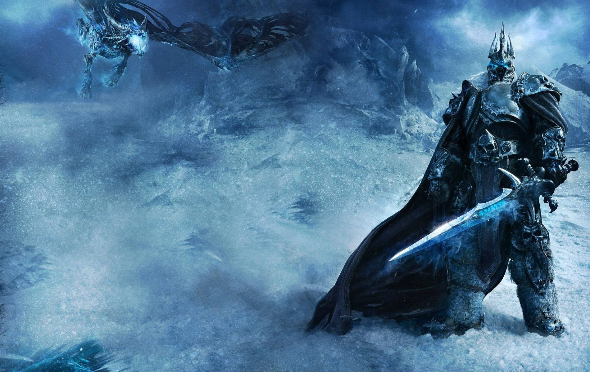 Death Knight Arthas and Dragon Sindragosa Over Icecrown Citadel Wallpaper